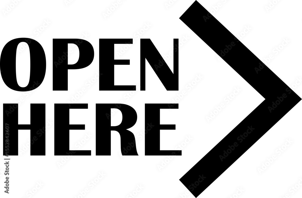 Poster open here icon vector flat style. open here sticker with text and directional arrow for package desi