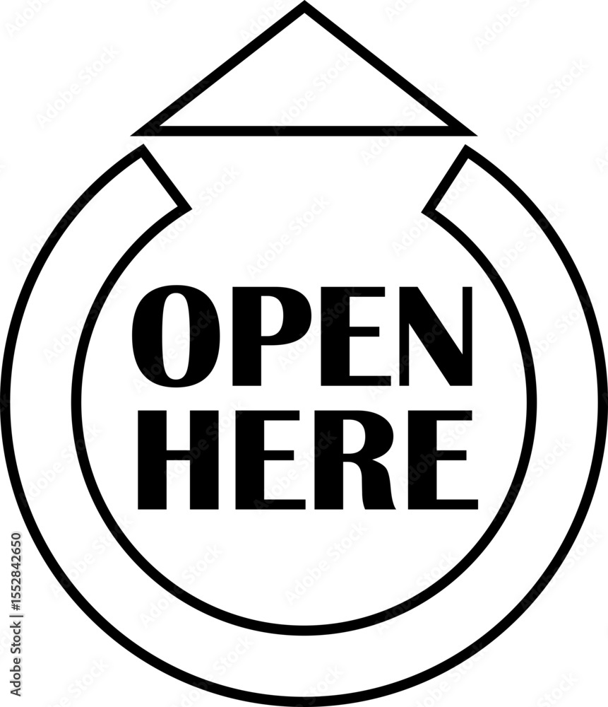 Poster open here icon vector line style. open here sticker with text and directional arrow for package desi