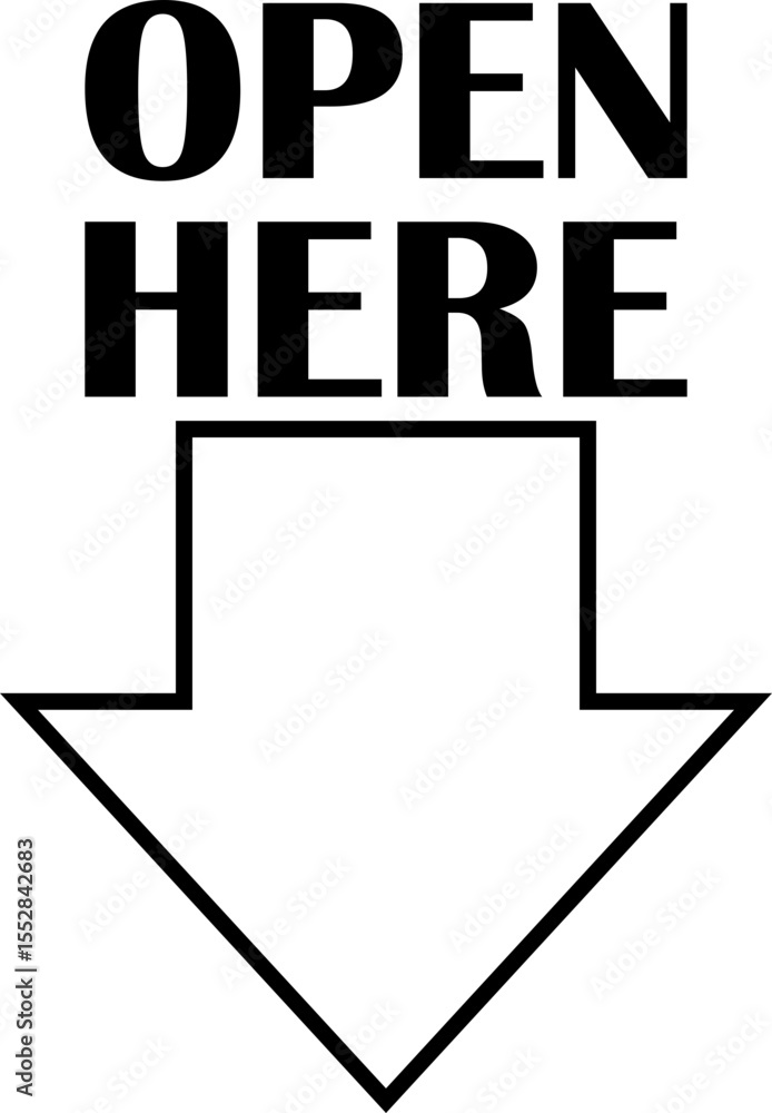 Poster open here icon vector line style. open here sticker with text and directional arrow for package desi