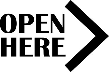 Open here icon vector flat style. Open here sticker with text and directional arrow for package design. Special tag on box. Guidance or opening instruction isolated on transparent background.