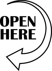 Open here icon vector line style. Open here sticker with text and directional arrow for package design. Special tag on box. Guidance or opening instruction isolated on transparent background.