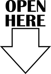 Open here icon vector line style. Open here sticker with text and directional arrow for package design. Special tag on box. Guidance or opening instruction isolated on transparent background.