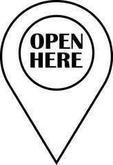 Open here icon vector line style. Open here sticker with text and directional arrow for package design. Special tag on box. Guidance or opening instruction isolated on transparent background.