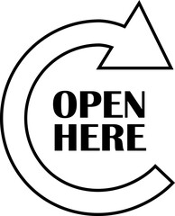 Open here icon vector line style. Open here sticker with text and directional arrow for package design. Special tag on box. Guidance or opening instruction isolated on transparent background.