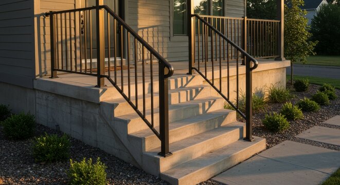 Concrete steps with black railing leading to house entrance at sunset  
