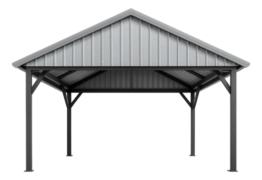 A-frame carport made of corrugated metal, ideal for protecting vehicles in a rural farmhouse setting.