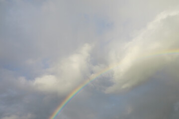 Scenic Rainbow Arc in Cloudy Sky after Rainstorm