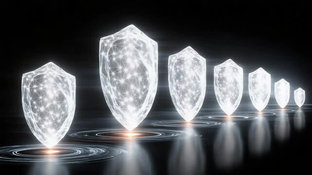 Futuristic Glowing Shields Arrayed in Rows on Black Reflective Surface, Tech Security Concept