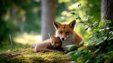 Obraz premium Red fox mother cuddling her baby fox cub in green forest