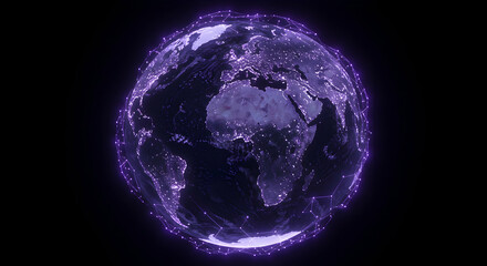 Glowing purple Earth with network connections, highlighting Africa and Europe at night