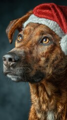 Fototapeta premium Dog wearing a Santa hat looks thoughtfully during the holiday season, capturing festive spirit and joy