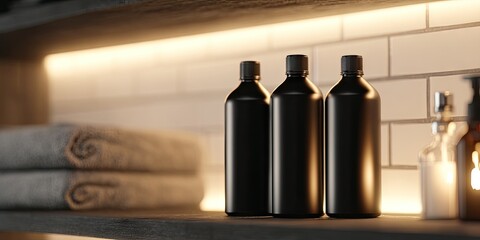 Three black bottles on a shelf backlit by warm light, next to rolled towels and a diffuser