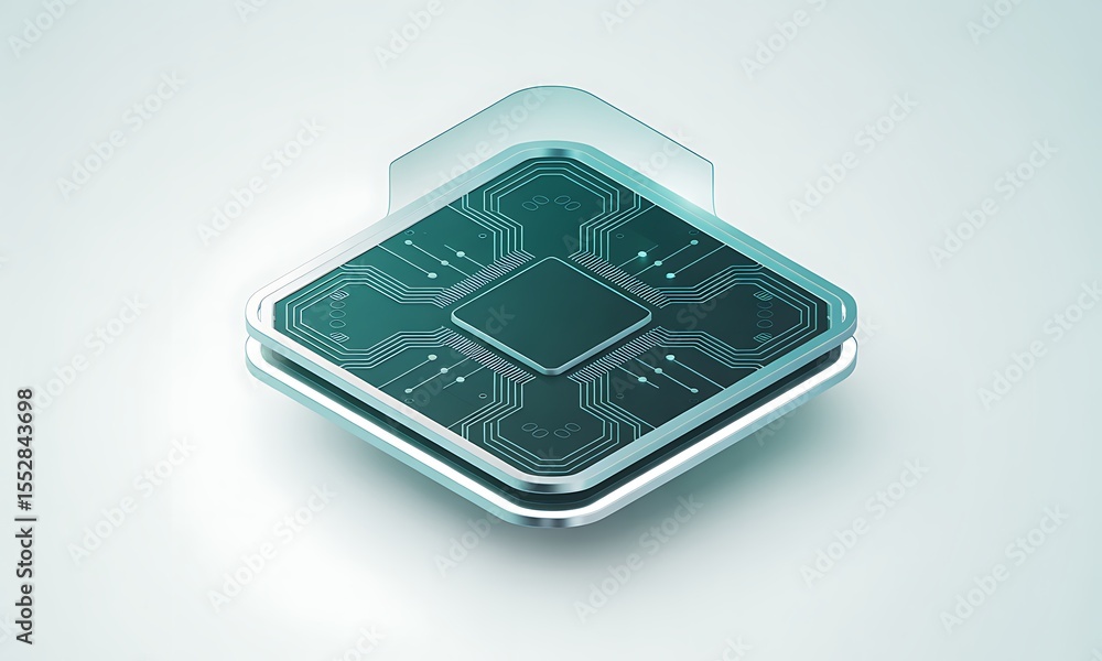Poster microchip renders with circuit board, showcasing the technology's intricate design on a clean backgr