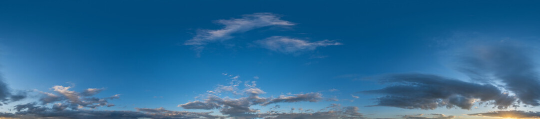 Dark blue sunset sky panorama with Cirrus clouds. Seamless hdr pano in spherical equirectangular...