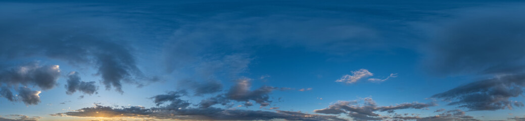 Dark blue sunset sky panorama with Cirrus clouds. Seamless hdr pano in spherical equirectangular...