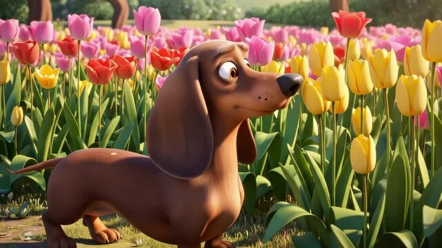 cartoon dachshund - A playful dachshund standing among vibrant tulips in a colorful flower garden, enjoying the sunny day with a lush green background