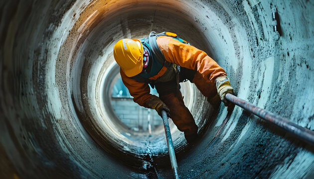 man in protective gear operates a cleaning machine inside a large sewer pipe, illustrating industrial sanitation work