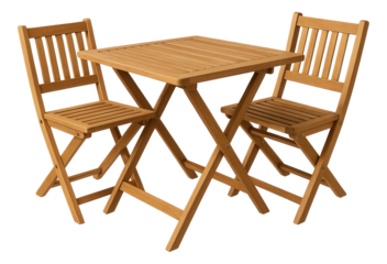 Foldable wooden bistro table with matching chairs, designed to fit snugly on a balcony for al fresco dining.