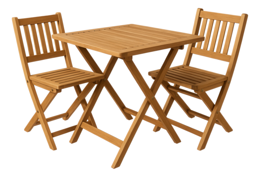 Foldable wooden bistro table with matching chairs, designed to fit snugly on a balcony for al fresco dining.