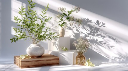 Botanical display with vases and foliage creating shadows for interior decor, product mockup.