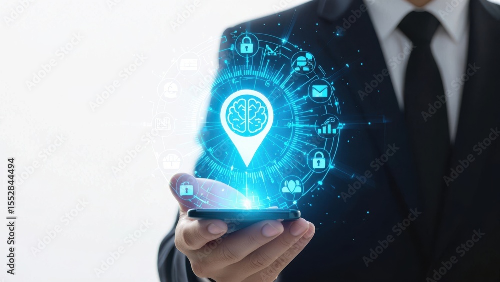 Poster businessman holding smartphone displaying glowing digital network with brain icon and security symbo