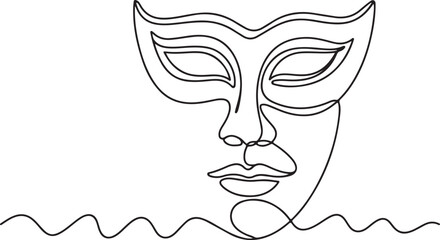 Masquerade Mask Continuous Line Art, Carnival, Costume, Celebration, Party