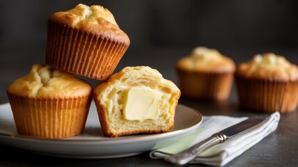 Delicious melted butter inside freshly baked muffins on plate