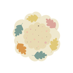 Cartoon cookie and autumn leaves. A cozy simple flat illustration with beige, pink, and yellow color palette can be used as a sticker, badge, icon, or tag.