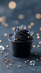 dark black charcoal ice cream in a matte black cup, ice cream