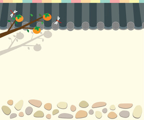 An image with a Korean-style tile wall, persimmon tree, and dragonfly, creating an autumnal atmosphere