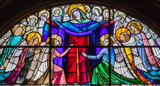 Milan - The Assumption in the stained glass  in the church Basilica di Santo Stefano Maggiore by Amalia Panigati (1960 - 1965).
