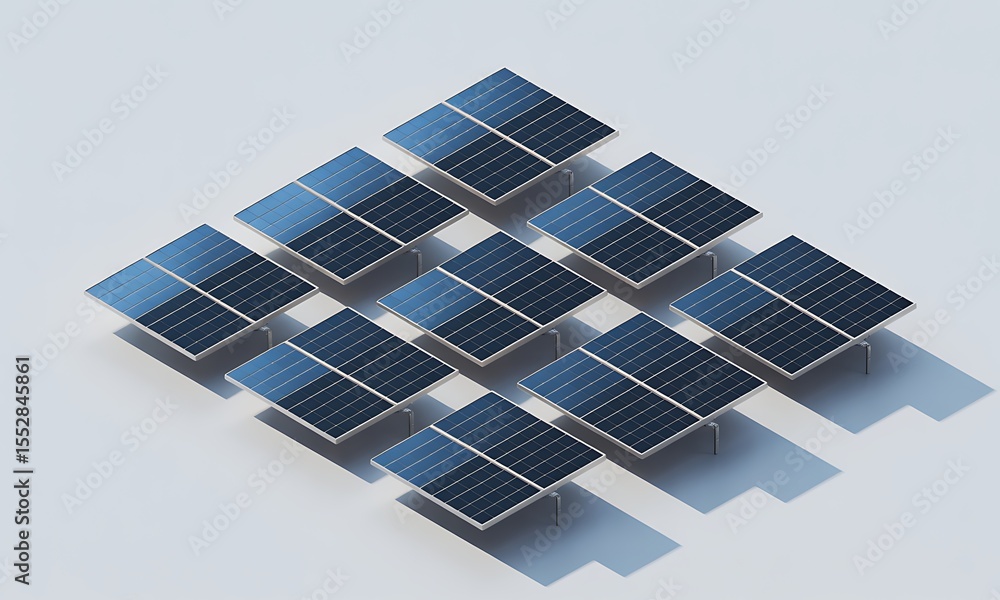 Poster solar panels array generate clean energy in a conceptual isometric view with clean background and co
