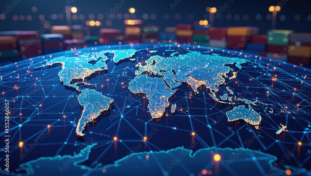 Poster global digital network connecting continents with bright lights and shipping containers in backgroun