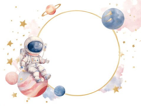 Astronaut cartoon illustration, greeting card template text copy space design. Childern theme.