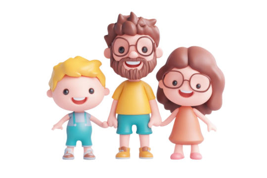 Happy family of cartoon characters with children smiling together, celebrating joy and togetherness in a cheerful setting