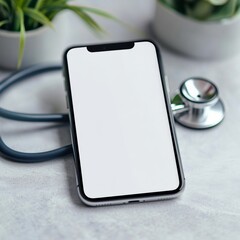 Smartphone with blank screen and stethoscope on table in medical setting