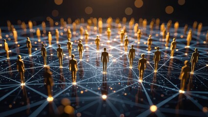 Golden humanoid figures connected by a digital network with glowing lights
