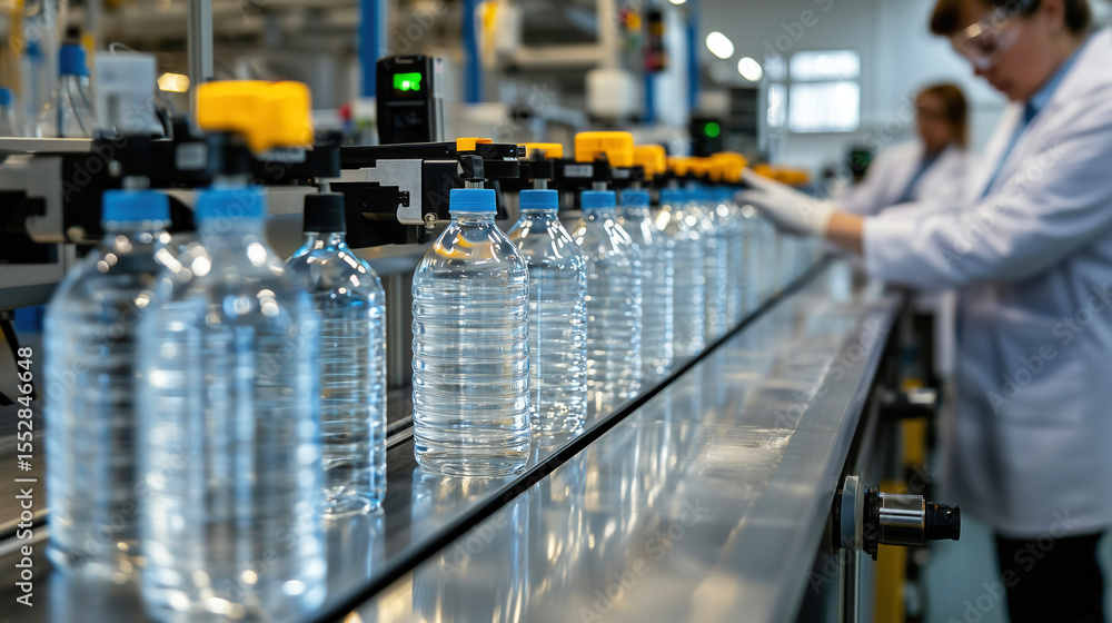 Poster bottled water production process in a modern factory setting with automated machinery and quality co