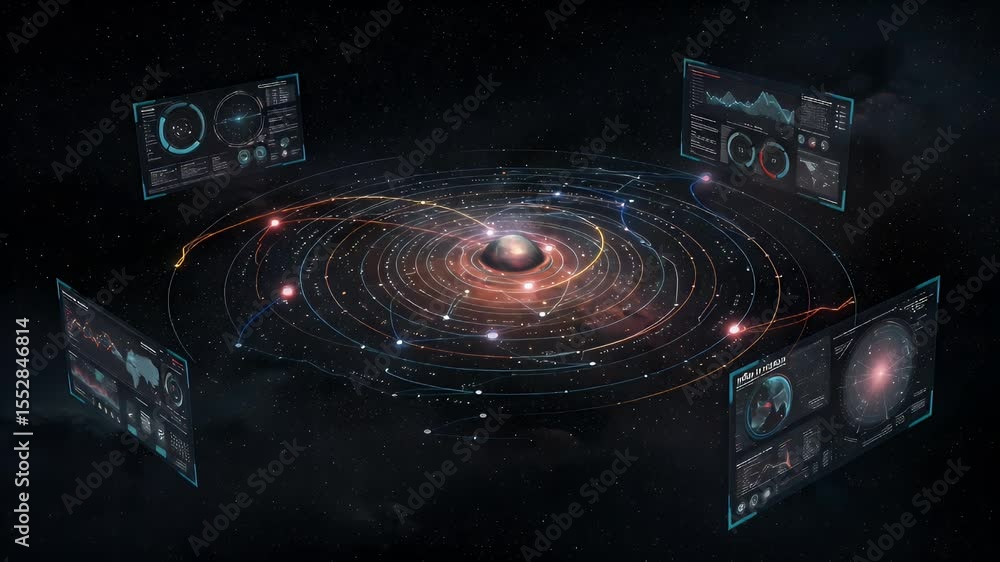 Poster futuristic space visualization with interconnected digital displays showing data and celestial bodie