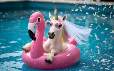 Charming unicorn enjoying a colorful pool party on a sunny day Generative AI