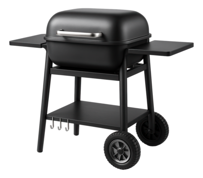 A mobile BBQ grill with side shelves and utensil hooks, designed for use on an apartment balcony.