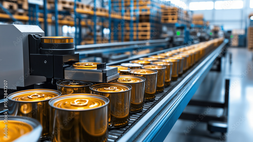 Poster automated production line with golden metal cans moving through a modern factory setting, showcasing