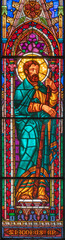 PIACENZA, ITALY - MAY 20, 2025: The St. James the Lees on the stained glass in the Church Basilica...
