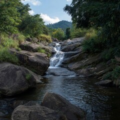 Tranquil waterfall scene in lush forest hdr nature photography