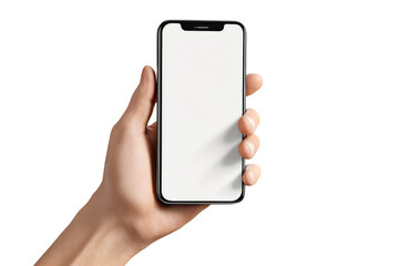 Hand holding a smartphone or mobile phone with white screen for technology concept, isolated on transparent background.