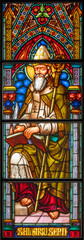 PIACENZA, ITALY - MAY 20, 2025: The St. Hilarius on the stained glass in the Church Basilica di San...