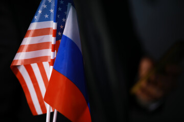 Close-up of USA and Russia Flags Representing International Relations and Diplomacy