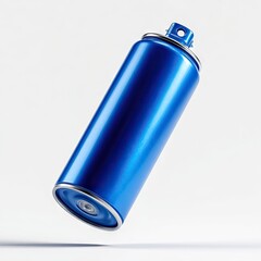 A vibrant blue aerosol can, metallic finish, slightly tilted, isolated on a clean white background, casting a subtle shadow