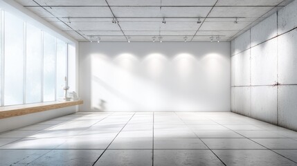 Bright empty room with large windows and spotlights for gallery, showroom, or presentation use