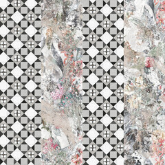 Wallpaper pattern made of cement, stone or marble grunge and some flower or geometries.